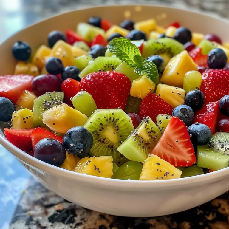 Salada de Frutas Refrescante: A Explos o de Sabor que Vai Agradar a Todos! Salada de frutas colorida com morangos, mirtilos, uvas e manga, decorada com folhas de hortelã.