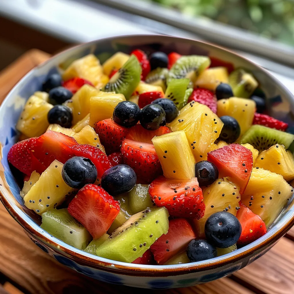 Close-up de uma salada de frutas refrescante em uma tigela, com ingredientes frescos visíveis.