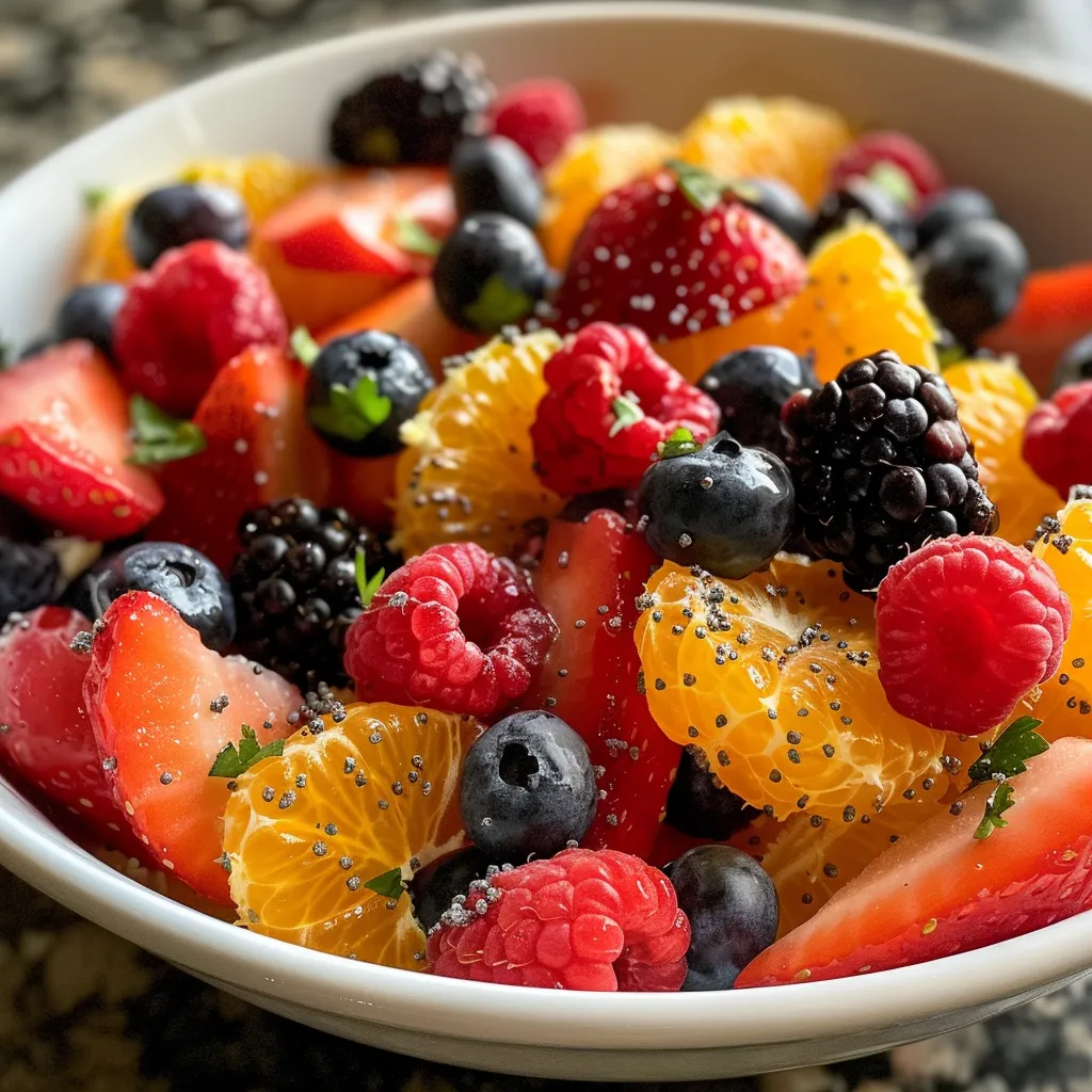 Close-up de uma salada de frutas vibrante com sementes de papoula.