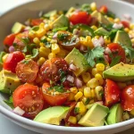 Close-up of a vibrant corn, tomato, and avocado salad.