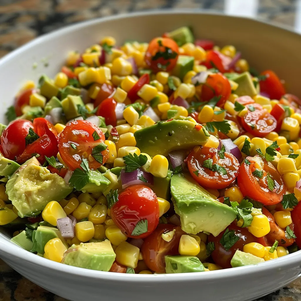 Fresh salad with corn kernels, halved cherry tomatoes, and diced avocado.