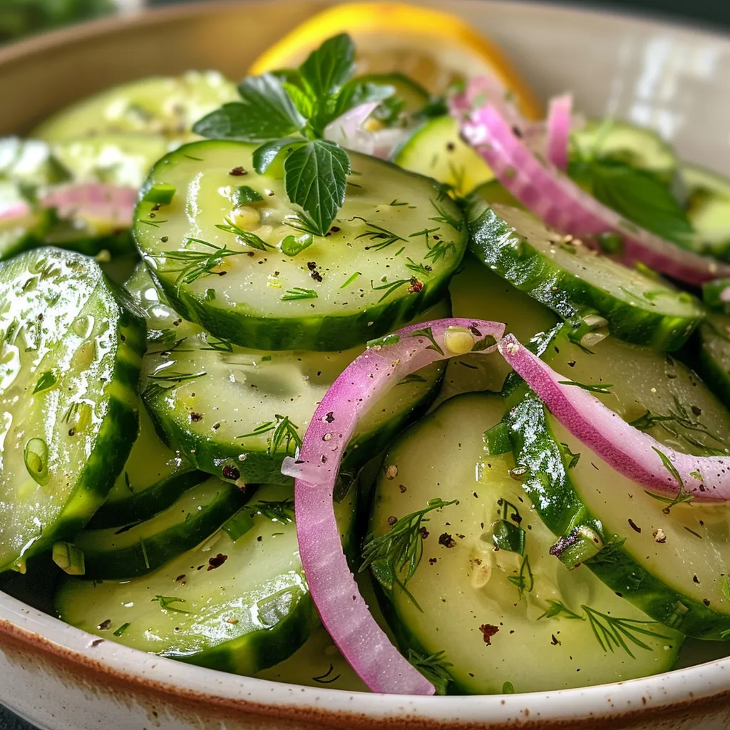 Prato colorido de salada de pepino e abacate, mostrando fatias de vegetais.