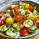 Salada de pepino e tomate sobre um prato, com molho de iogurte ao lado.