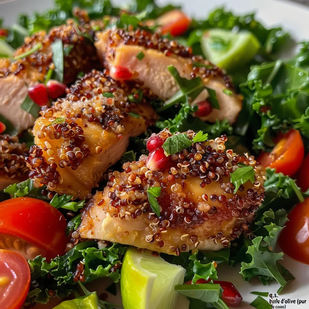 Close-up de uma salada colorida com quinoa, frango e vegetais frescos.