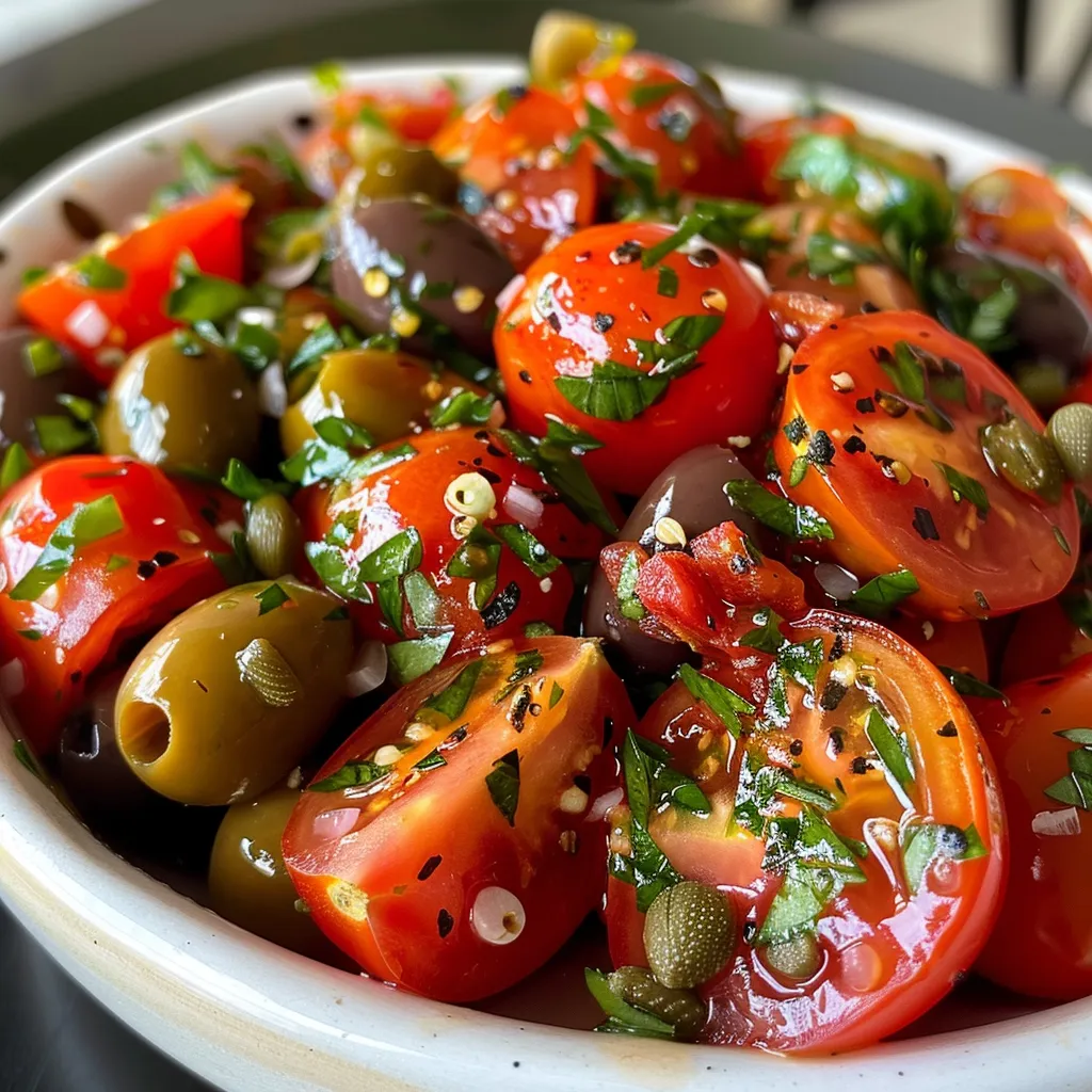 Close-up de uma salada colorida com tomates e azeitonas em um recipiente.
