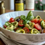 Close-up of a vibrant tortellini salad with pesto, cherry tomatoes, cucumber, and greens.