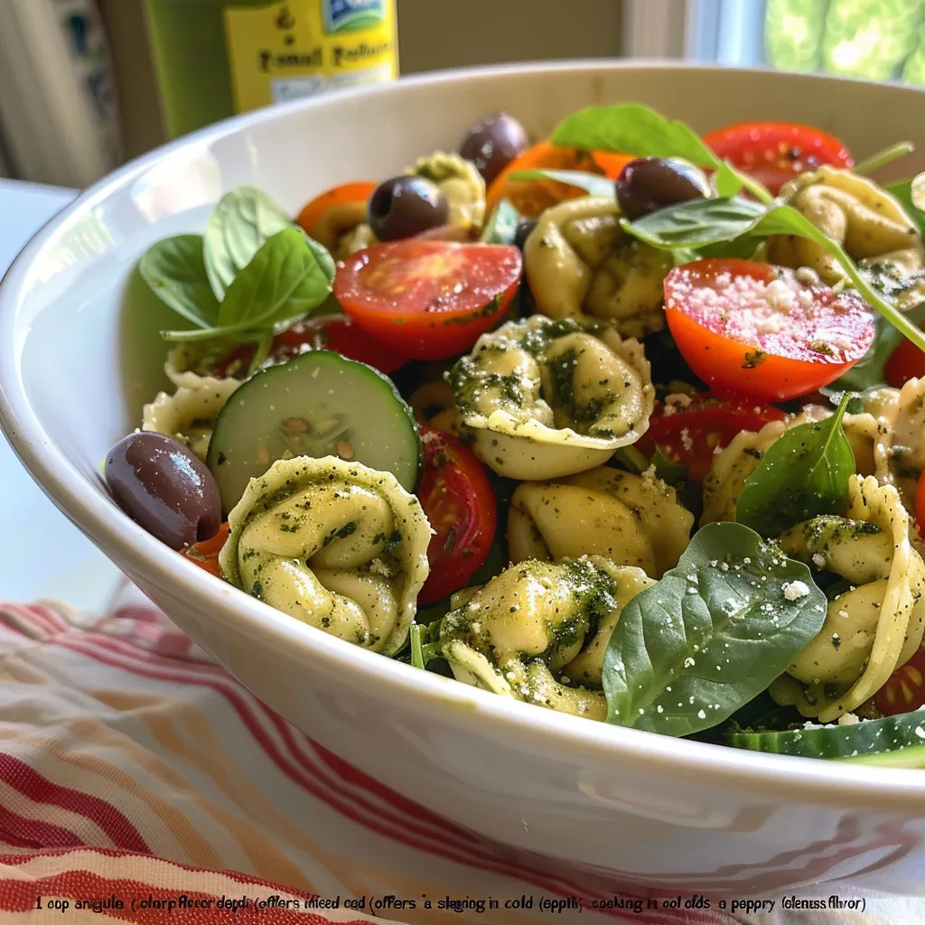 Side view of a fresh Cold Tortellini Pesto Salad with colorful ingredients, showcasing its textures.