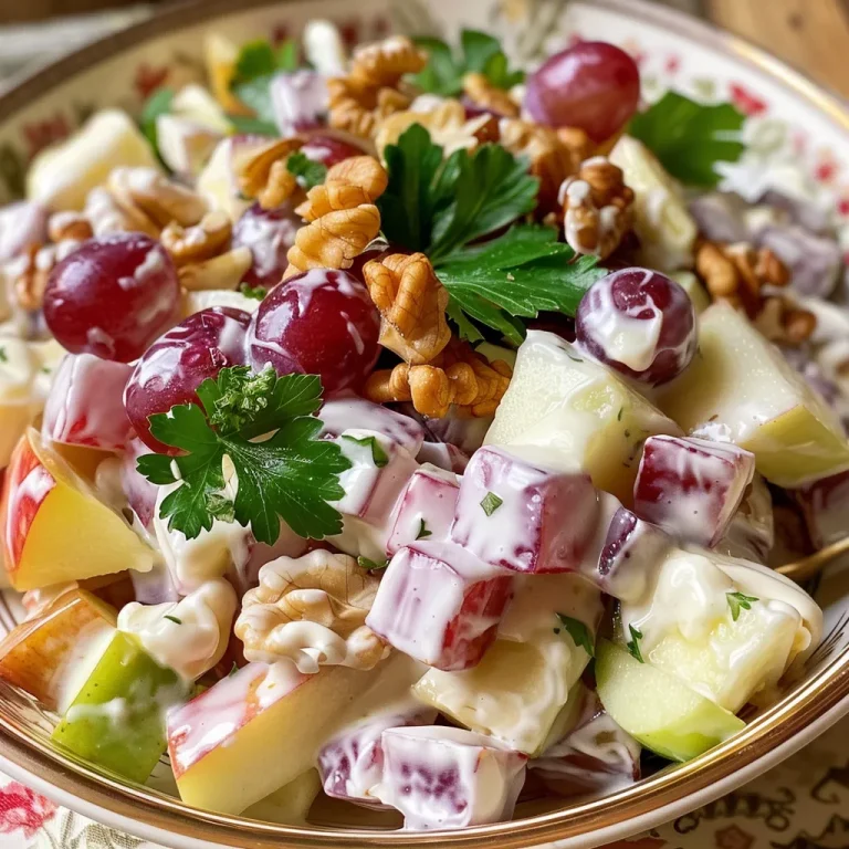 A Salada de Uva Waldorf que Vai Encantar Seu Paladar Close-up of a vibrant Waldorf grape salad with green apples and walnuts.