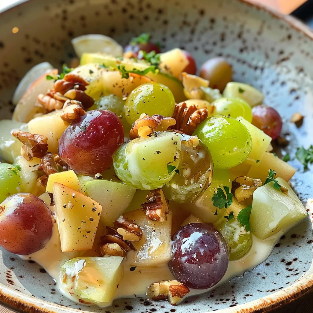 Colorful Waldorf grape salad featuring sliced apples and walnuts.
