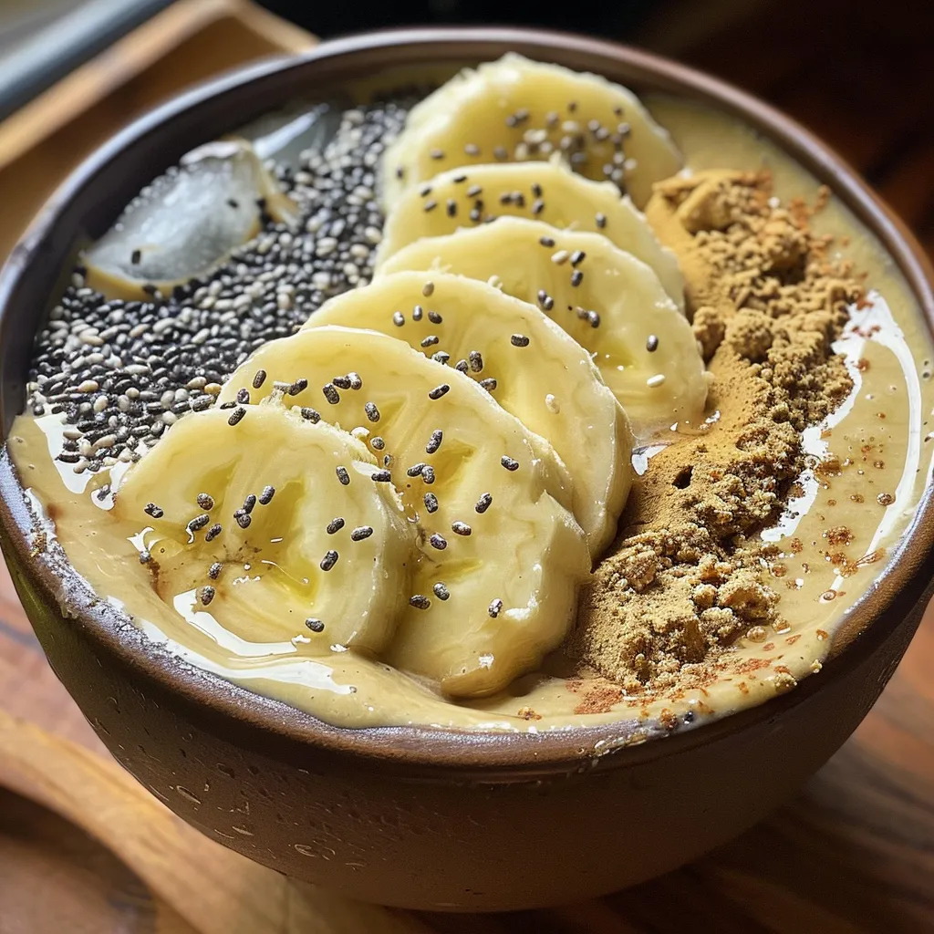 Vista lateral de uma tigela de smoothie rica em nutrientes, recheada de frutas e sementes.