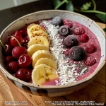 Bowl de smoothie de coco com frutas vermelhas, vista lateral.