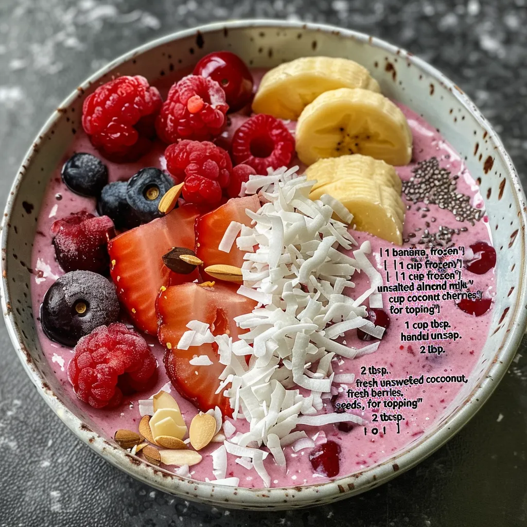 Close-up de um smoothie bowl vibrante com frutas e coco.