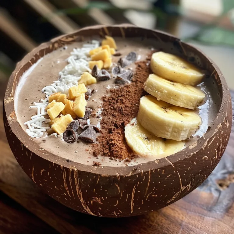 Sabor Tropical: Descubra o Encanto do Smoothie Bowl de Coco Close-up of a thick and creamy coconut smoothie bowl with fruits on top.