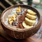Uma tigela de smoothie de coco com frutas e granola.