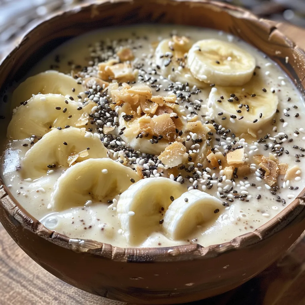 Close-up de um smoothie bowl de coco, decorado com frutas e sementes.