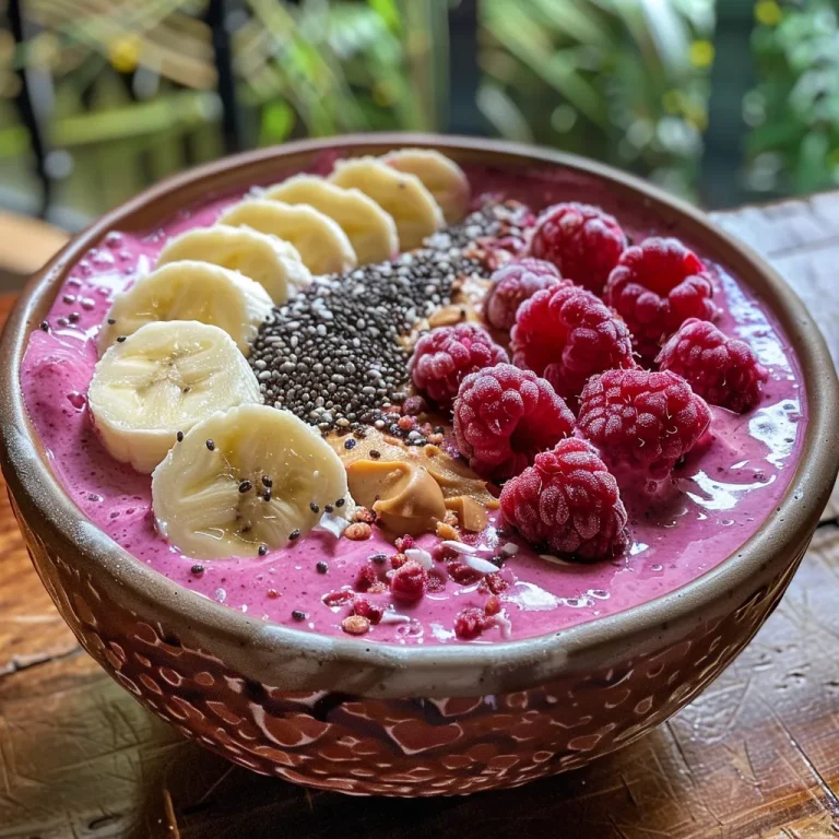 Desperte Sorrisos com um Smoothie Bowl Colorido e Refrescante! Close-up of a smoothie bowl topped with raspberries and coconut flakes.