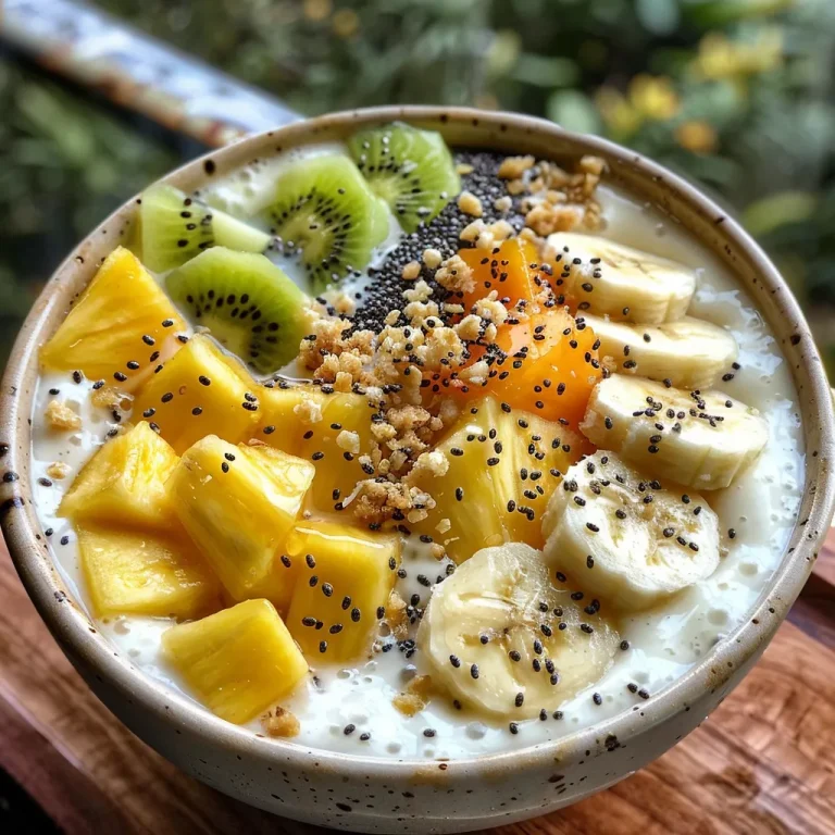 Bowl de Smoothie Tropical: Uma Explos o de Sabor e Cor! Tigela de smoothie tropical com manga e abacaxi, decorada com fatias de banana.