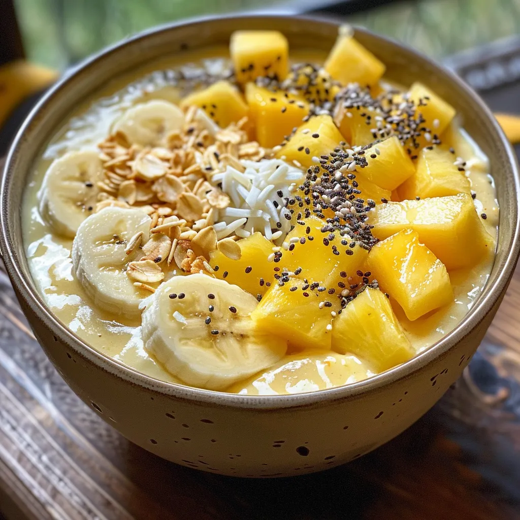 Close-up de uma smoothie bowl colorida com frutas tropicais, granola e sementes de chia.