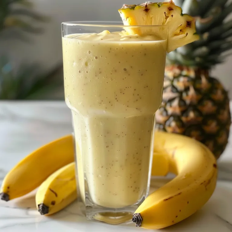 Close-up de um smoothie de abacaxi e banana em um copo transparente.