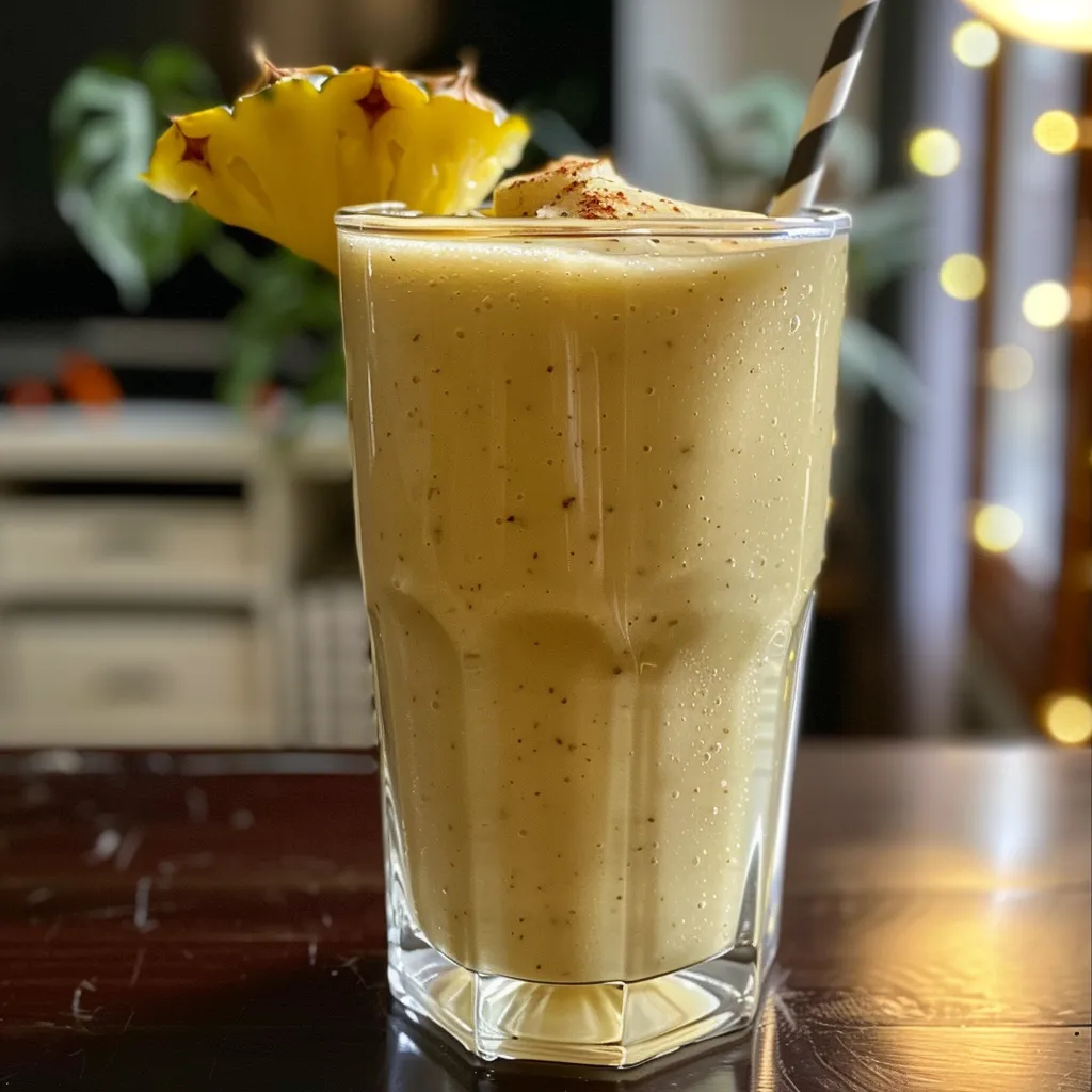 Smoothie cremoso de abacaxi e banana com uma textura espessa em foco.