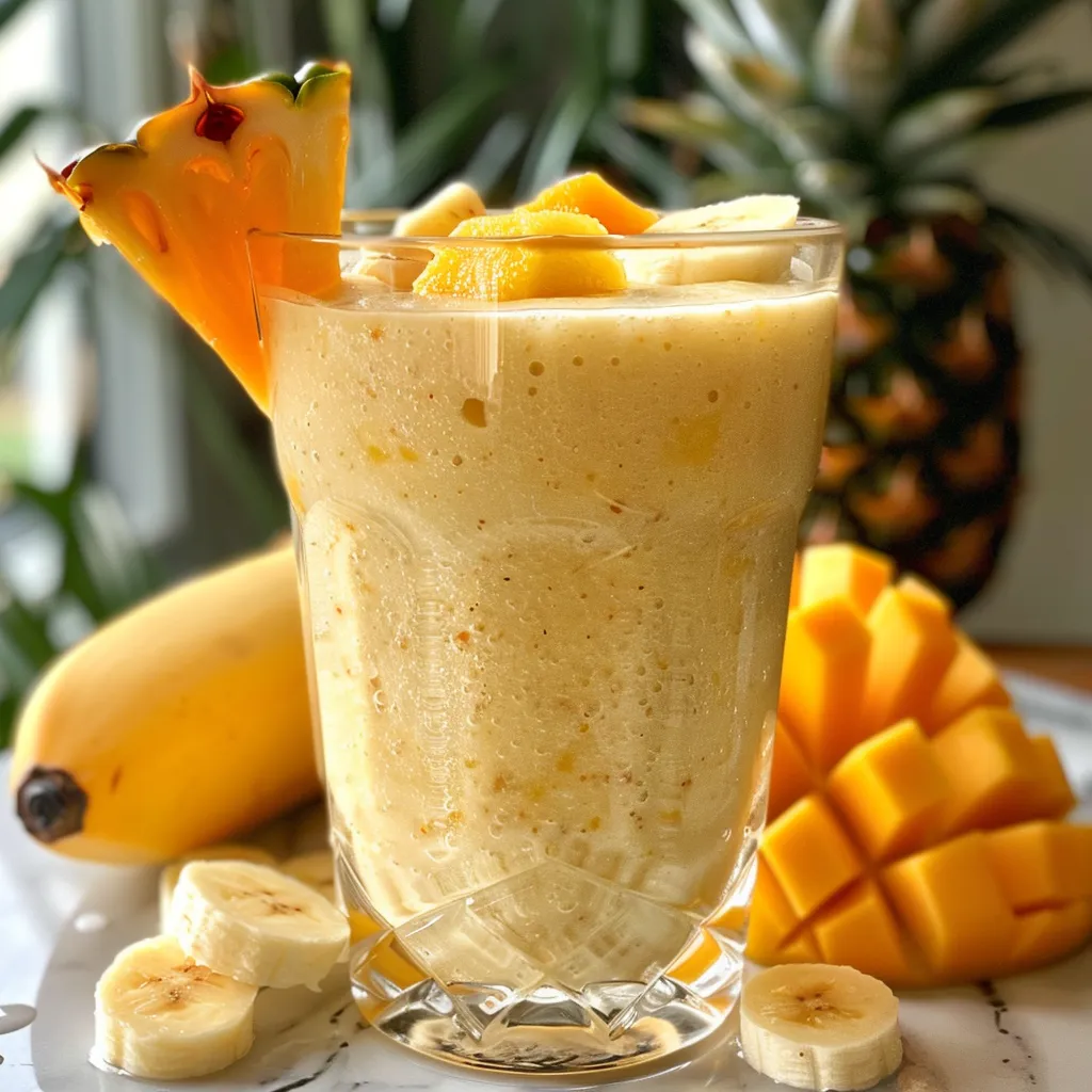 Side view of a vibrant smoothie with chunks of pineapple, orange, and banana.