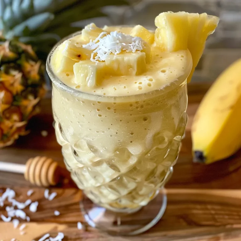Refresque Seu Dia com um Delicioso Smoothie de Abacaxi Smoothie de abacaxi em um copo, com pedaços de abacaxi e banana ao redor.