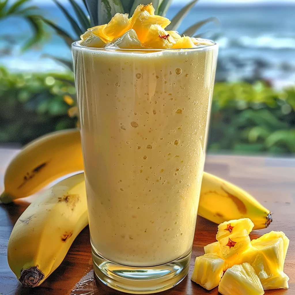 Close-up de um smoothie cremoso de abacaxi, com uma fatia de abacaxi na borda do copo.
