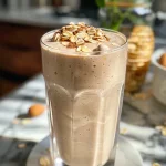 Close-up de um smoothie de aveia em um copo, com textura cremosa e pedaços de banana visíveis.