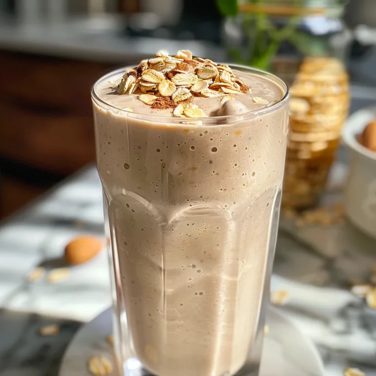 Close-up de um smoothie de aveia em um copo, com textura cremosa e pedaços de banana visíveis.