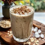 Close-up de um smoothie cremoso de banana e aveia em um copo transparente, com pedaços de banana ao lado.
