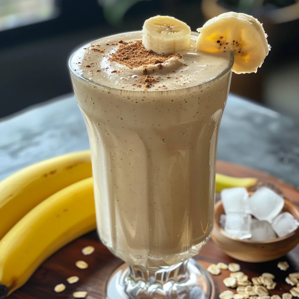 Smoothie de banana e aveia em um recipiente de vidro, com ingredientes expostos ao fundo.