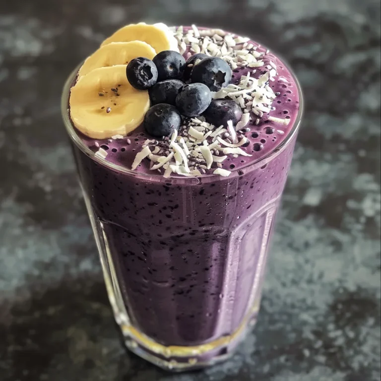 Descubra o Sabor Refrescante do Smoothie de Banana e Mirtilo Close-up view of a creamy banana blueberry smoothie in a glass with blueberries on top.