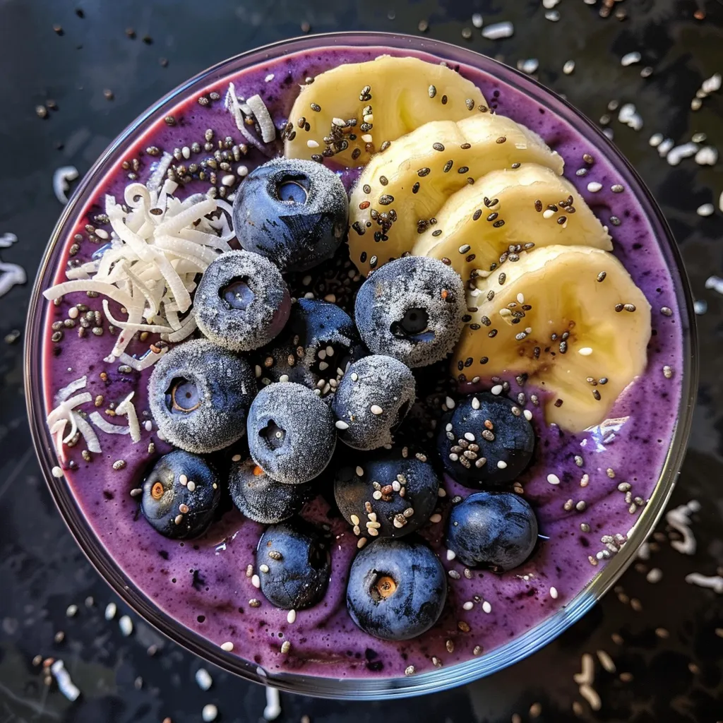 Side view of a vibrant banana blueberry smoothie with fresh blueberries scattered around.