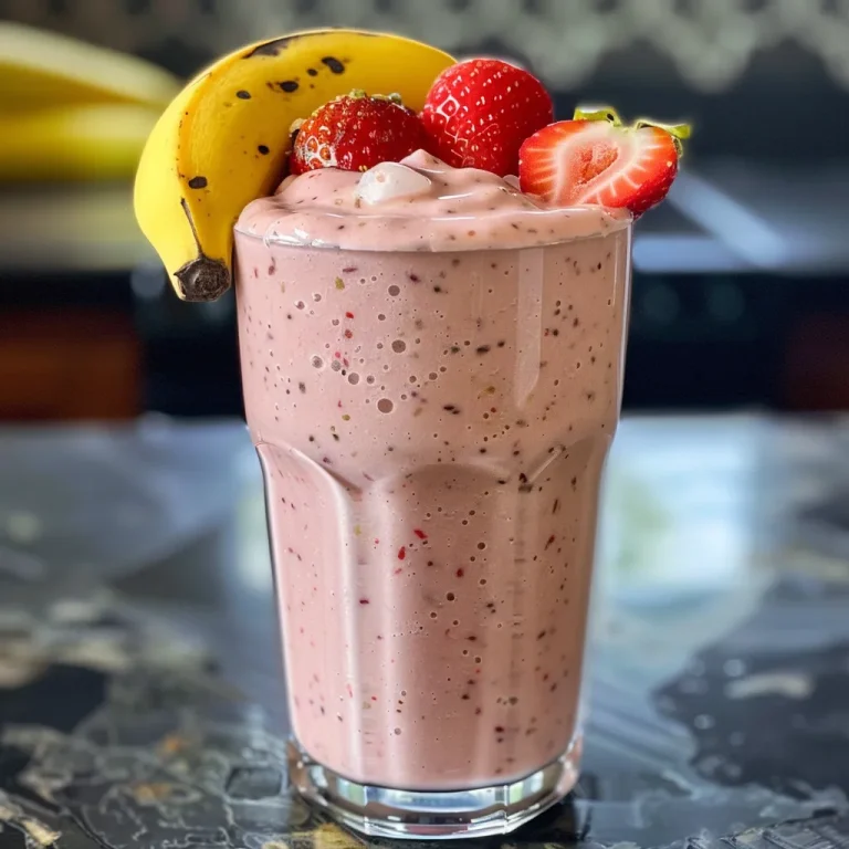 Close-up de um smoothie de banana e morango em um copo transparente.