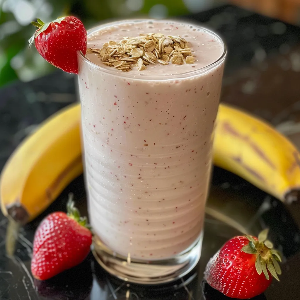 Smoothie cremoso de morango e banana servido em um copo com gelo.
