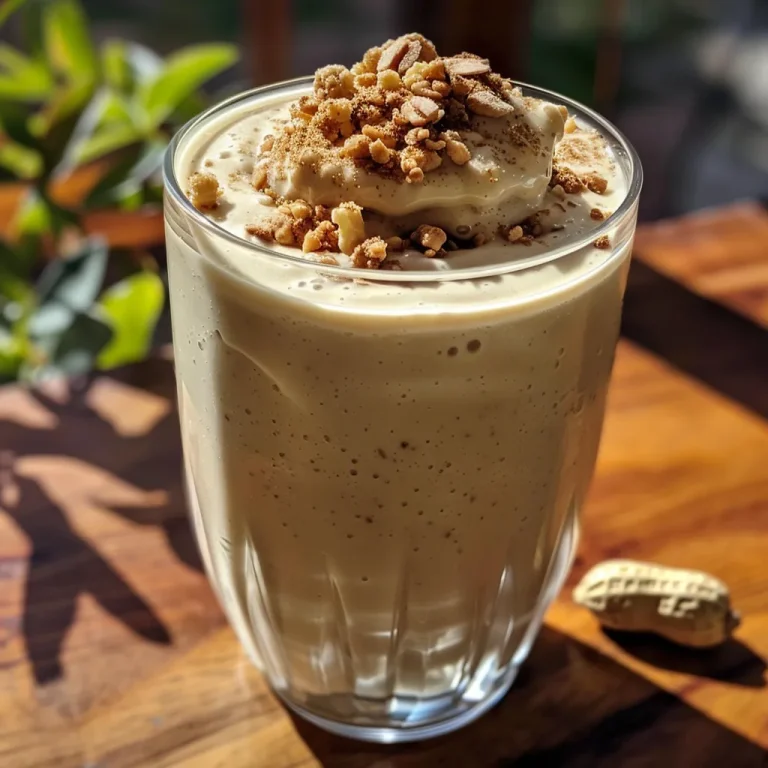 Smoothie de banana e pasta de amendoim em um copo com textura cremosa.