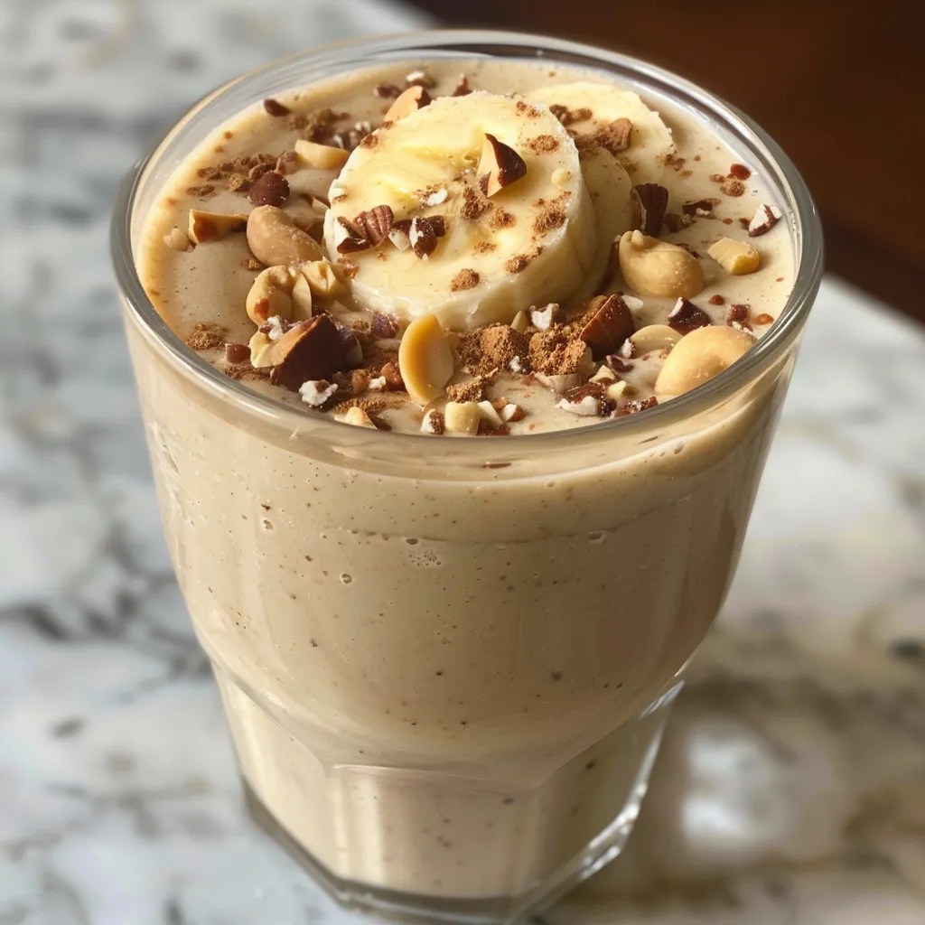 Close-up de um smoothie de banana, com uma cor amarelada e espessa.