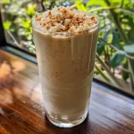 Um smoothie cremoso de coco em um copo, com pedaços de banana visíveis.