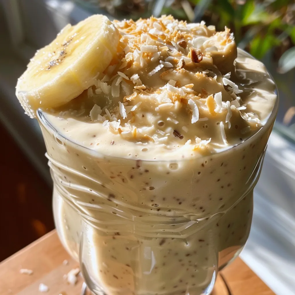 Close-up de um smoothie de coco, decorado com coco ralado.