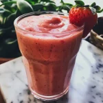 Smoothie de coco, morango e banana em um copo transparente, com morangos frescos ao lado.