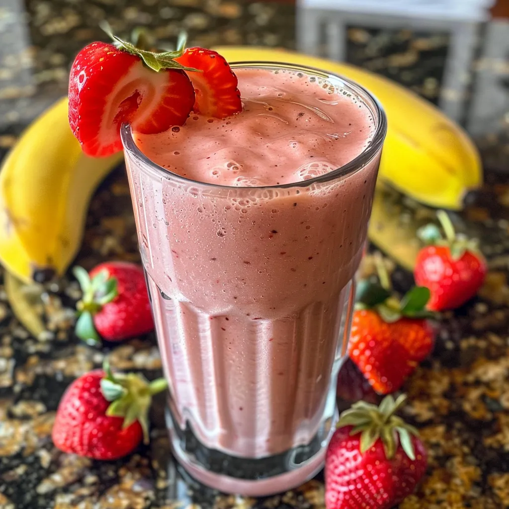 Close-up de um smoothie com camadas de morango e banana, decorado com um morango no topo.
