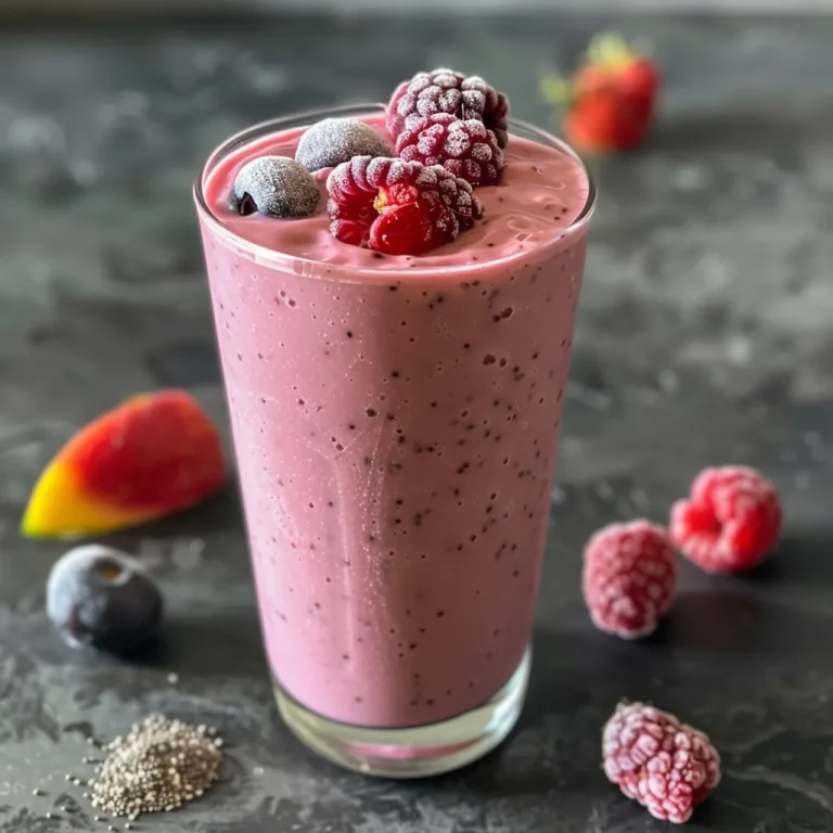 Close-up view of a vibrant mango berry smoothie in a glass.