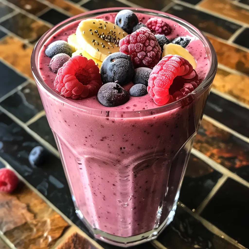Side view of a creamy smoothie filled with mixed fruits and topped with chia seeds.