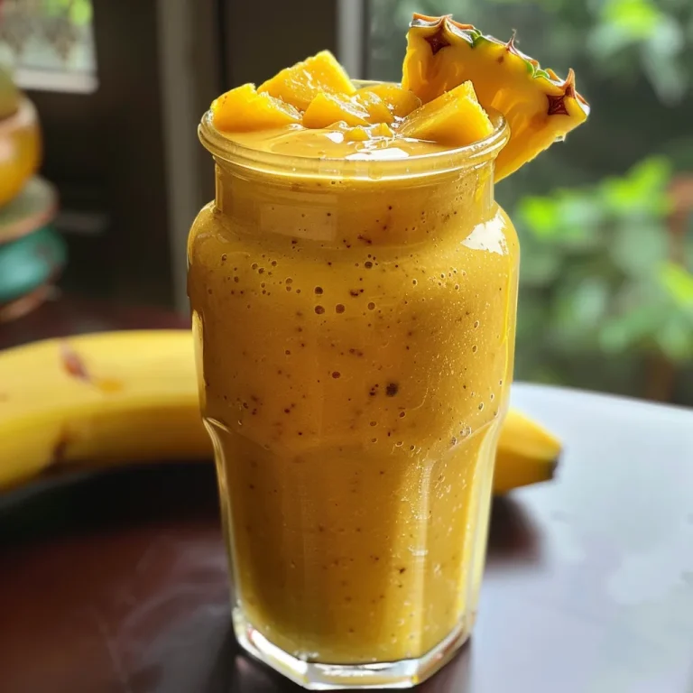 Smoothie de manga, banana e abacaxi em um copo transparente, com pedaços de frutas ao fundo.