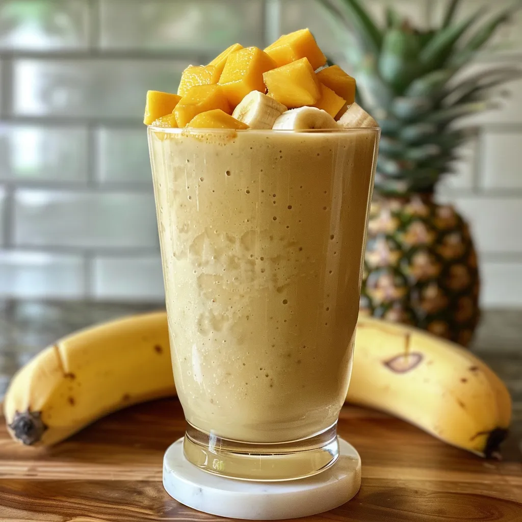 Close-up de um smoothie amarelo vibrante, decorado com fatias de manga e abacaxi.