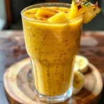 Close-up of a creamy mango pineapple banana smoothie in a glass with a colorful straw.