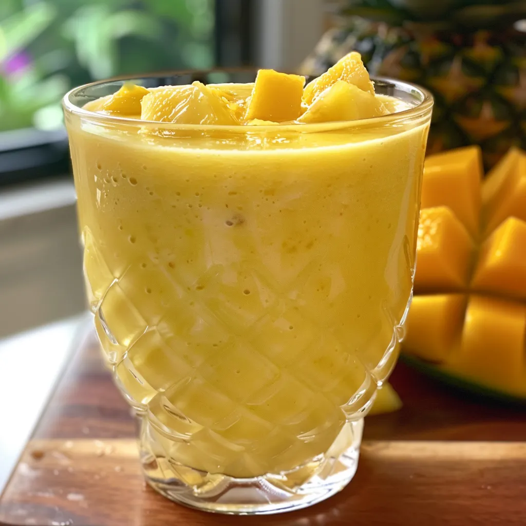 Side view of a vibrant smoothie made with mango, pineapple, and banana, topped with a slice of fruit.