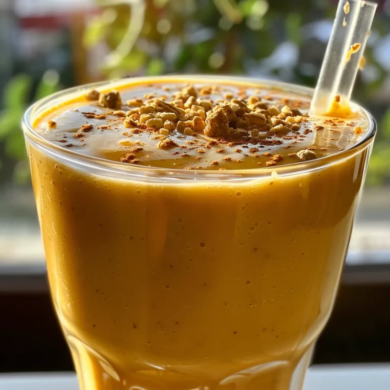 Close-up de um smoothie de manga e aveia em um copo transparente.