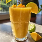 Smoothie de manga e coco em um copo transparente, com pedaços de fruta ao fundo.