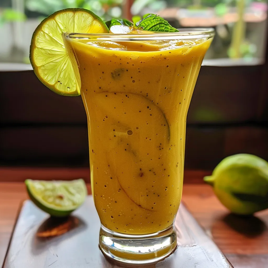 Close-up de um smoothie amarelo cremoso, decorado com coco ralado e fatias de banana.